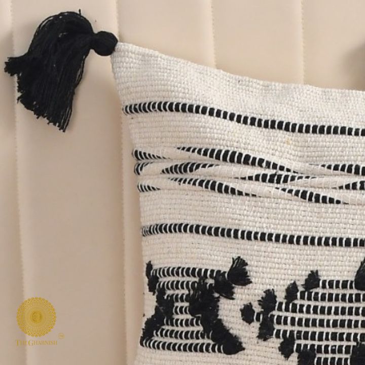 Set of two handcrafted cushion covers with tassels by The Gharnish, 16x16 inches, stylish decorative cushions for sofas or beds.