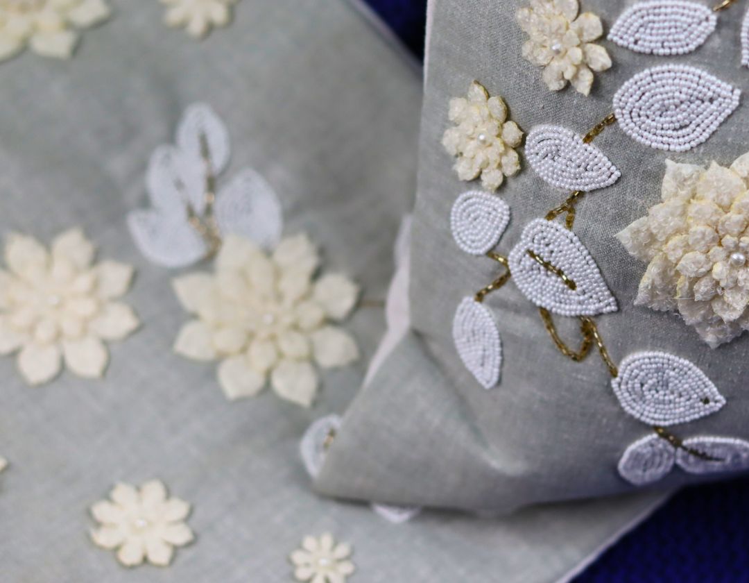 Pearl White Cushions with beads Set of 5 - The Gharnish - A Unit of Satkala Creations