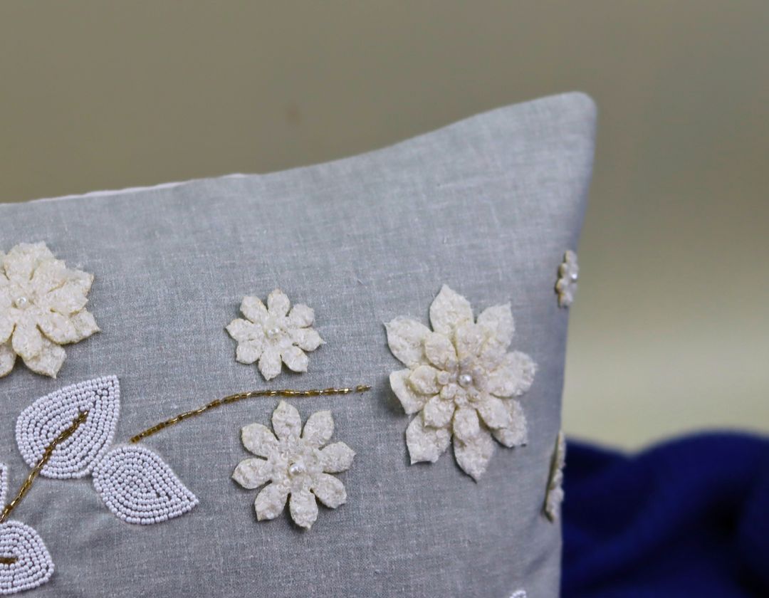 Pearl White Cushions with beads Set of 5 - The Gharnish - A Unit of Satkala Creations