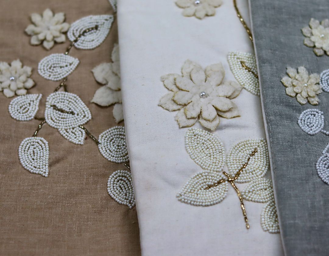 Pearl White Cushions with beads Set of 5 - The Gharnish - A Unit of Satkala Creations
