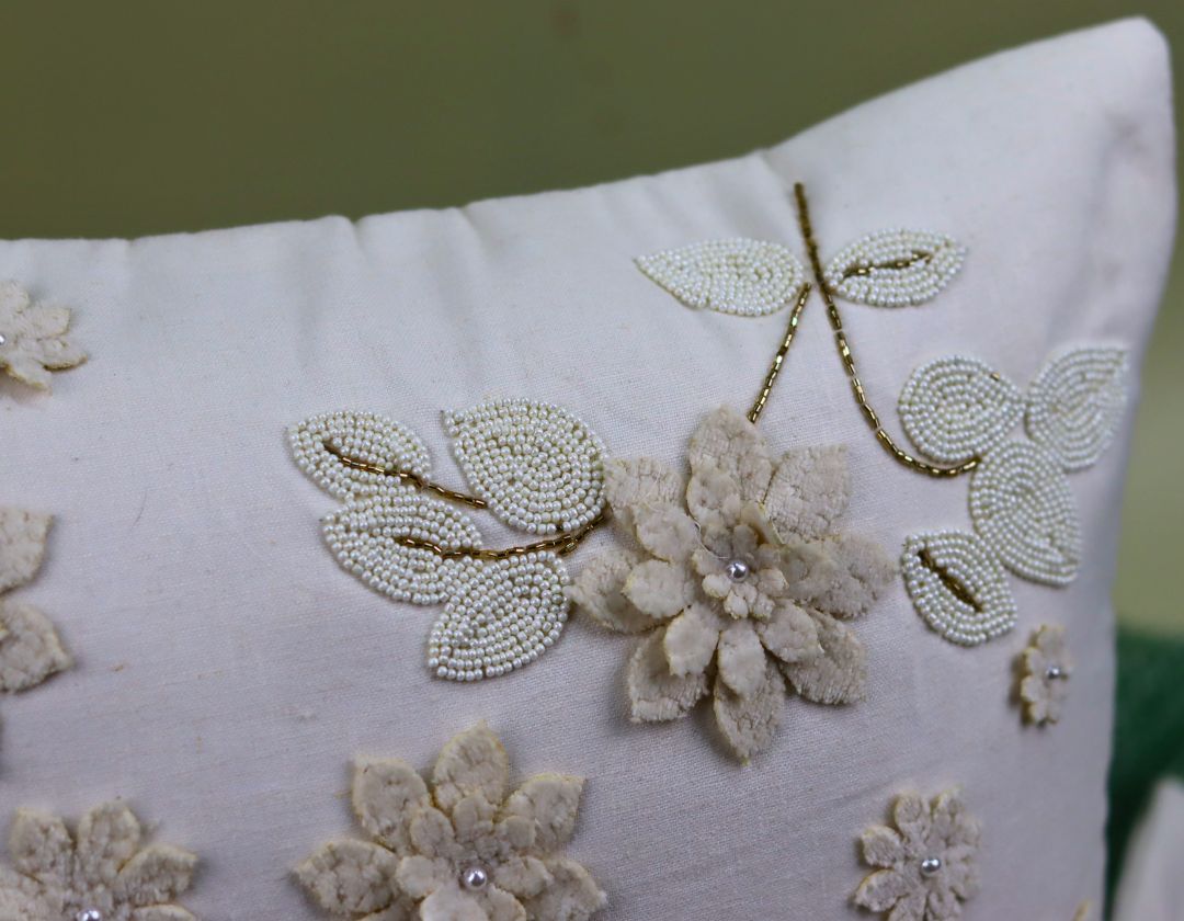 Pearl White Cushions with beads Set of 5 - The Gharnish - A Unit of Satkala Creations