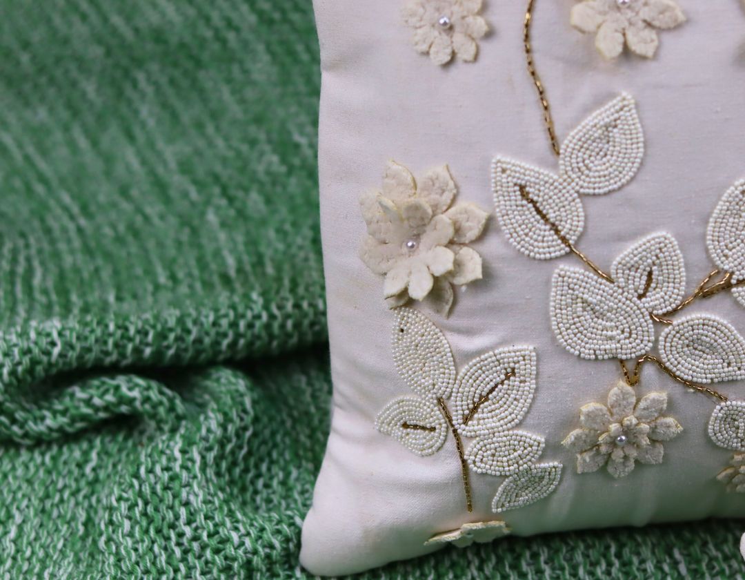 Pearl White Cushions with beads Set of 5 - The Gharnish - A Unit of Satkala Creations