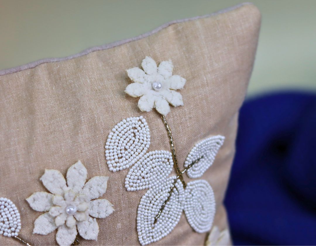 Pearl White Cushions with beads Set of 5 - The Gharnish - A Unit of Satkala Creations