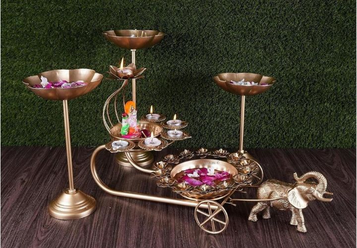 Elephant Rath Urli set by The Gharnish featuring etched bowls and a stand, traditional Indian-style decorative water vessel.