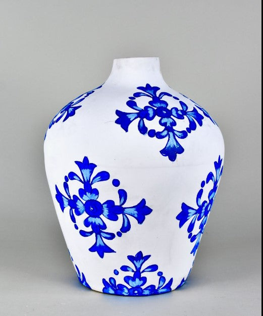 Oversized hand-painted ceramic blue pottery vase by The Gharnish, featuring intricate patterns and a glossy finish.