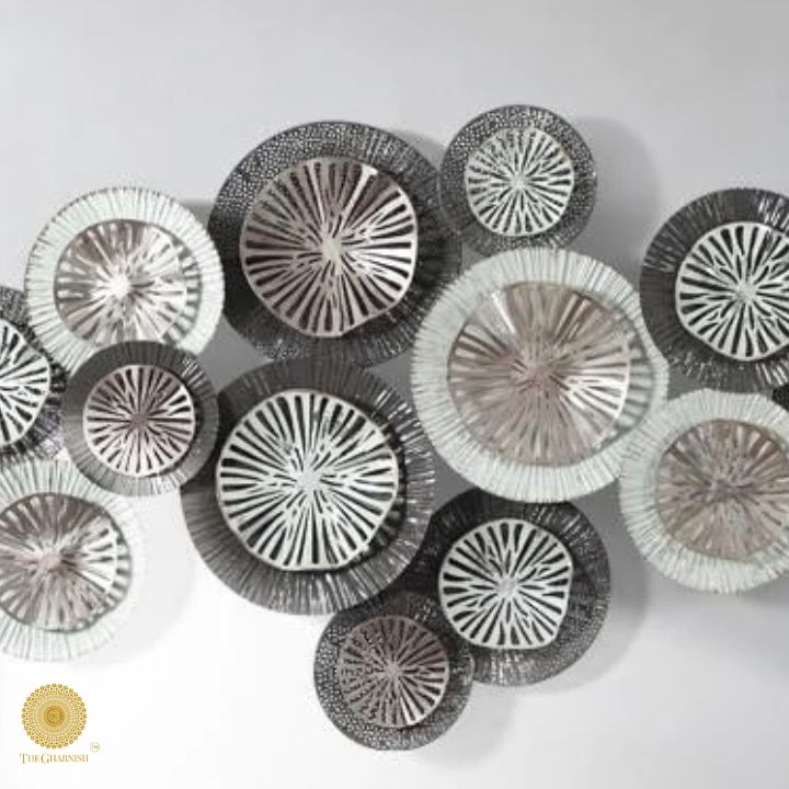 Metallic wall art with 15 circular designs in silver finish, measuring 48x24 inches, by The Gharnish.