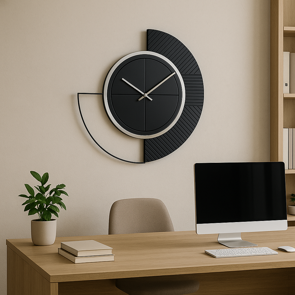 Modern Fusion half-moon wall clock by The Gharnish with sleek design and minimalist black hands on a white face.