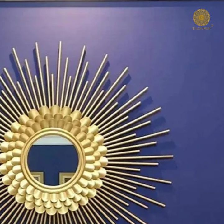 Plated Sun Rays metallic wall mirror by The Gharnish, 30-inch round mirror with sunburst design and radiant metallic frame.
