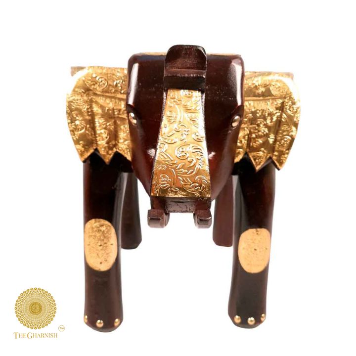 Rajasthani wooden elephant stool with brass plating, decorative wooden decor piece featuring intricate craftsmanship and vibrant finish.