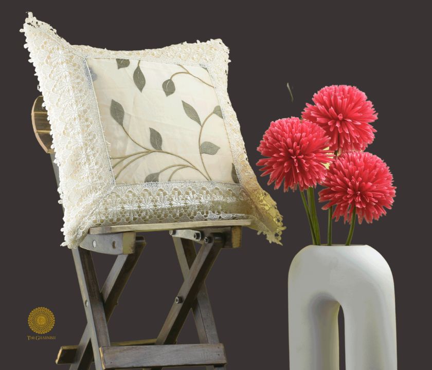 Set of two silk lace cushion covers by TheGharnish, featuring elegant lace details on soft, luxurious fabric.