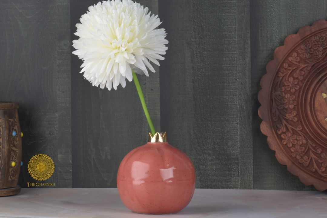 Small red pomegranate-shaped vase from TheGharnish, decorative ceramic vase with detailed fruit design.
