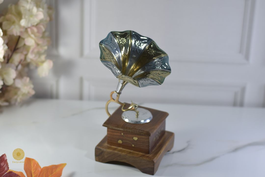Wooden antique gramophone showpiece by TheGharnish, decorative wooden decor piece with detailed vintage gramophone design.