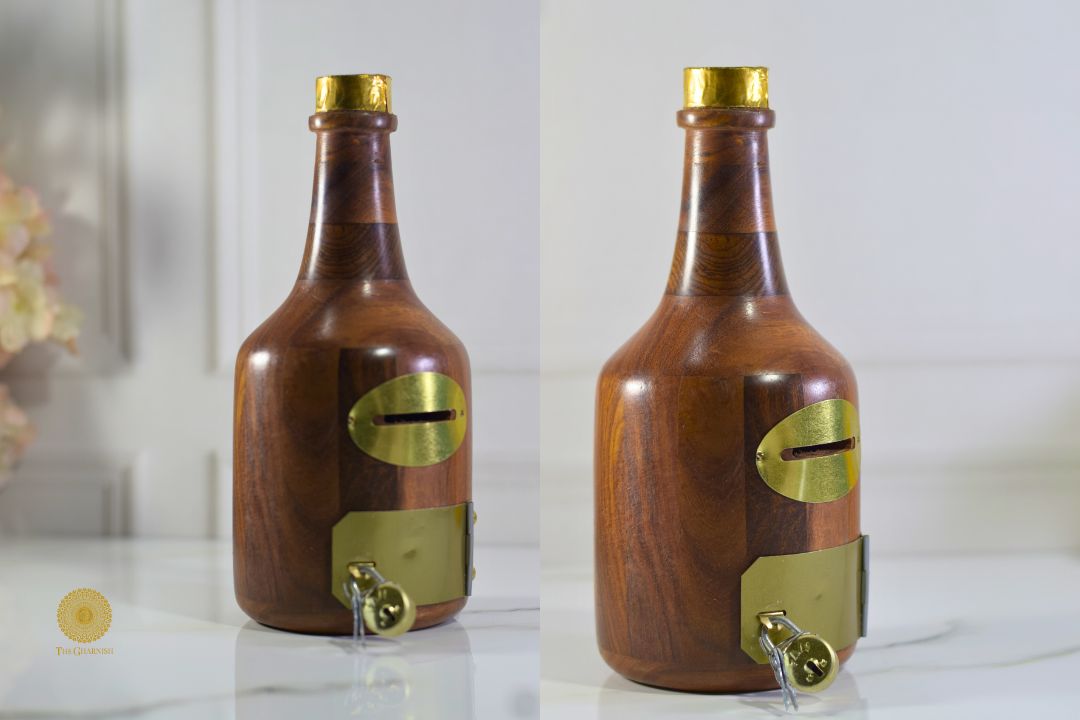 Wooden Bottle Piggy Bank from TheGharnish, featuring a rustic wooden decor design with a slot for coins and a removable stopper.