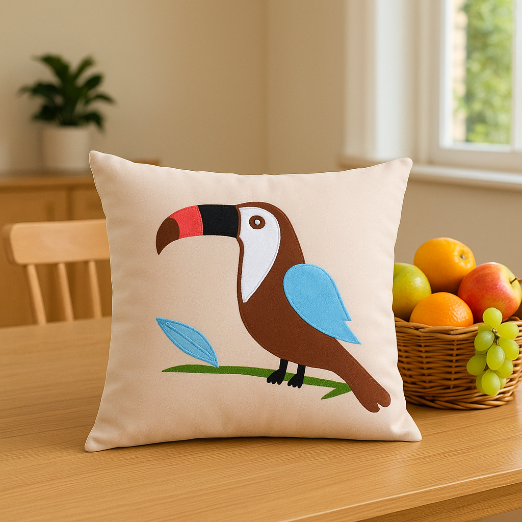 Decorative pillow with a toucan design on a table with fruits and a plant in the background