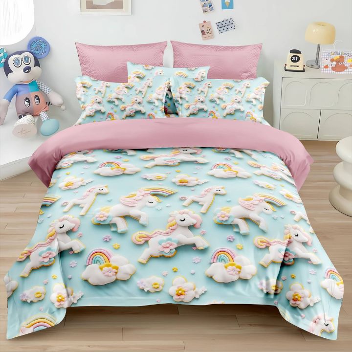 Children's bedroom with unicorn-themed bedding set on a bed.