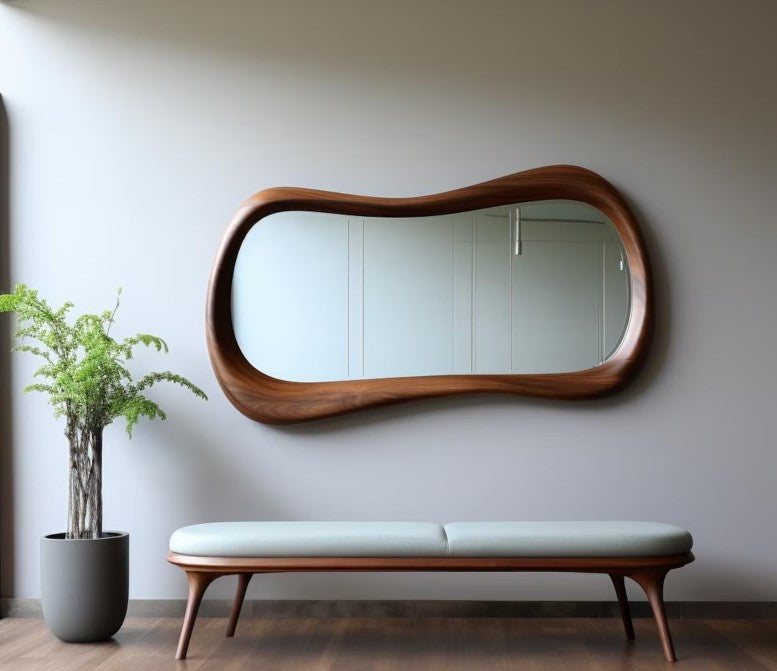 Wave Form Walnut Asymmetrical Wall Mirror – Organic Modern Decor - The Gharnish - A Unit of Satkala Creations