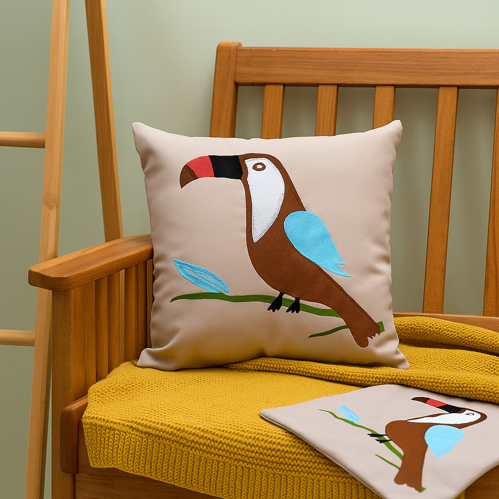 Decorative pillow with a bird design on a wooden chair with a yellow blanket.