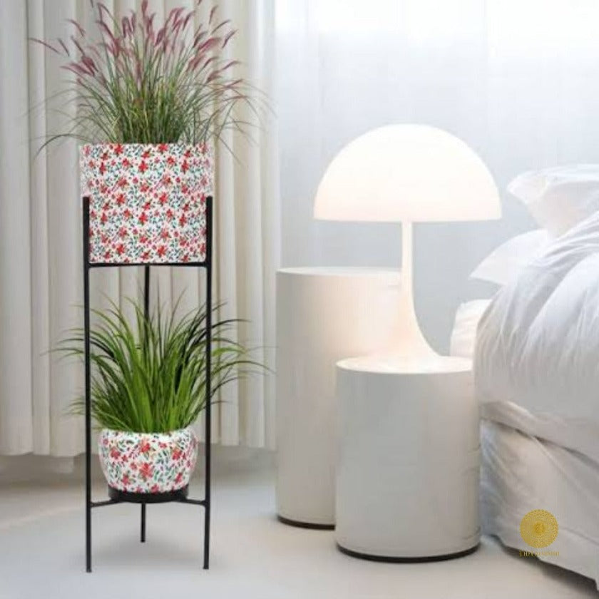 Enemal Print Set of 2 Planter with Stand - The Gharnish - A Unit of Satkala Creations