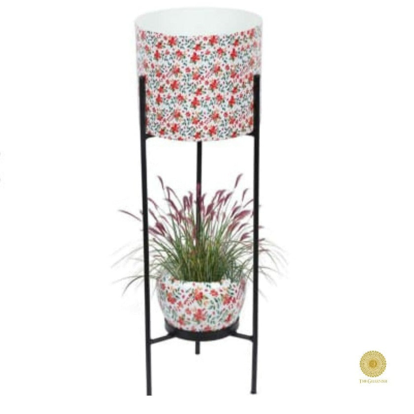 Enemal Print Set of 2 Planter with Stand - The Gharnish - A Unit of Satkala Creations