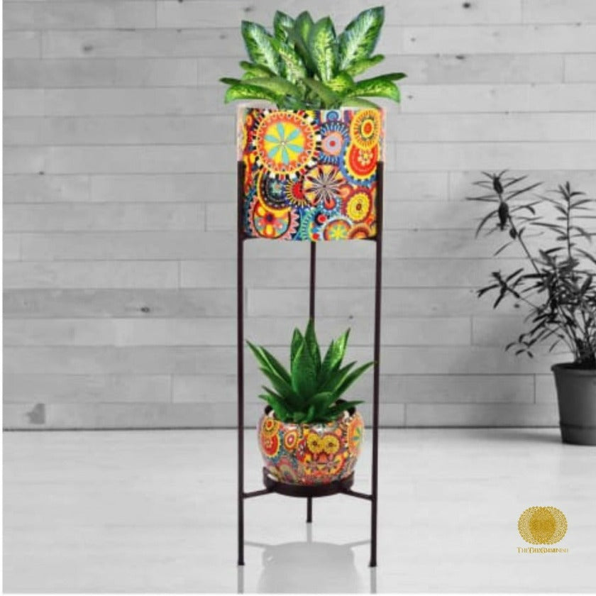Enemal Print Set of 2 Planter with Stand - The Gharnish - A Unit of Satkala Creations