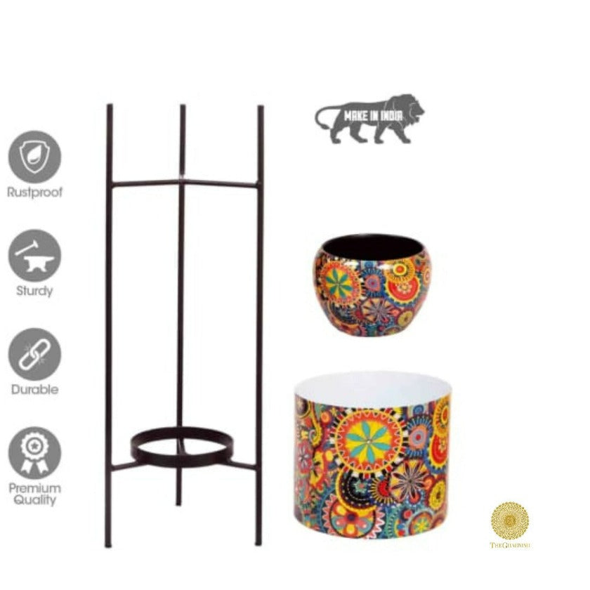 Enemal Print Set of 2 Planter with Stand - The Gharnish - A Unit of Satkala Creations