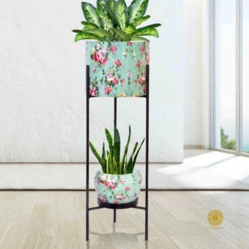 Enemal Print Set of 2 Planter with Stand - The Gharnish - A Unit of Satkala Creations