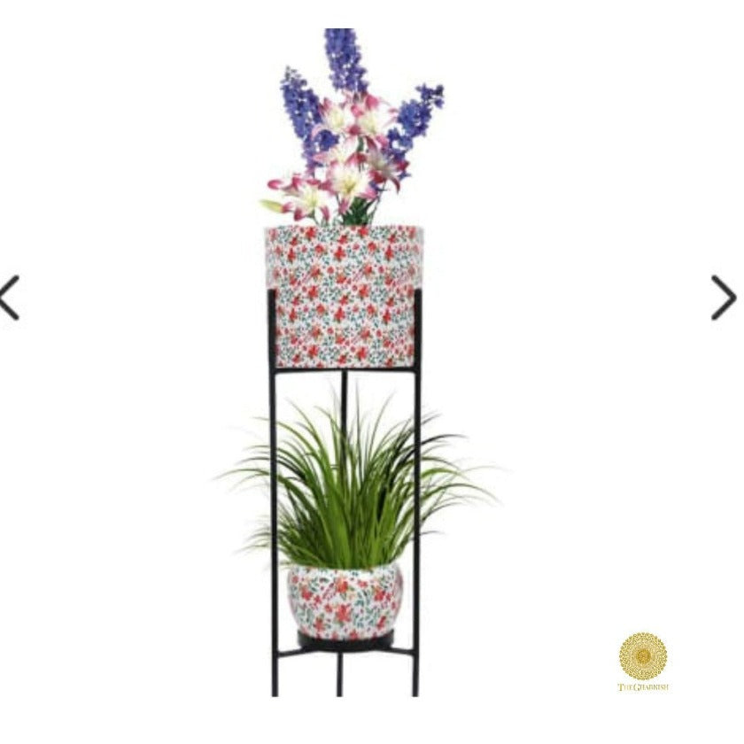 Enemal Print Set of 2 Planter with Stand - The Gharnish - A Unit of Satkala Creations