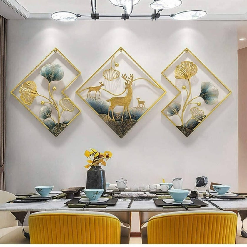 Beautiful 3 Nature Panel Metallic Wall Art ( 21 X 21 Inches ) Each - The Gharnish - A Unit of Satkala Creations
