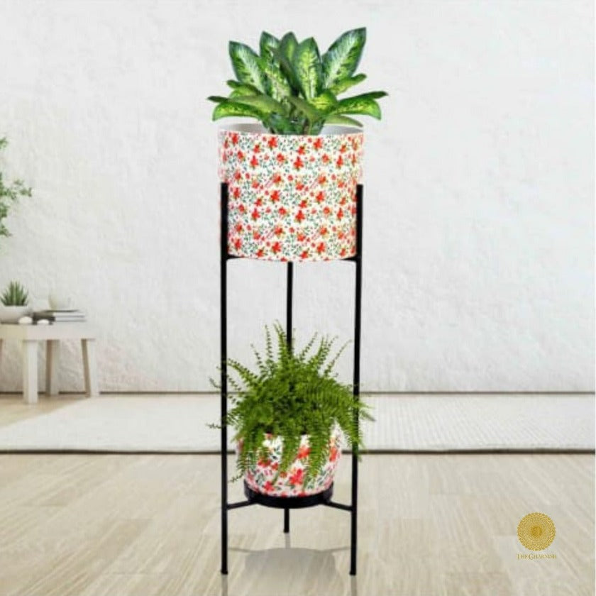 Enemal Print Set of 2 Planter with Stand - The Gharnish - A Unit of Satkala Creations