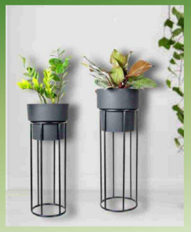 Set of 2 TheGharnish planters with stands, 30 and 25 inches tall, featuring stylish containers for indoor or outdoor plants.