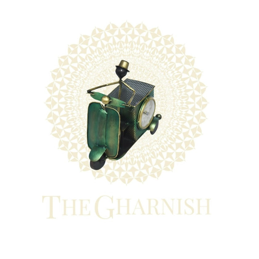 Green Scooter Antique Pen Stand With clock - The Gharnish - A Unit of Satkala Creations