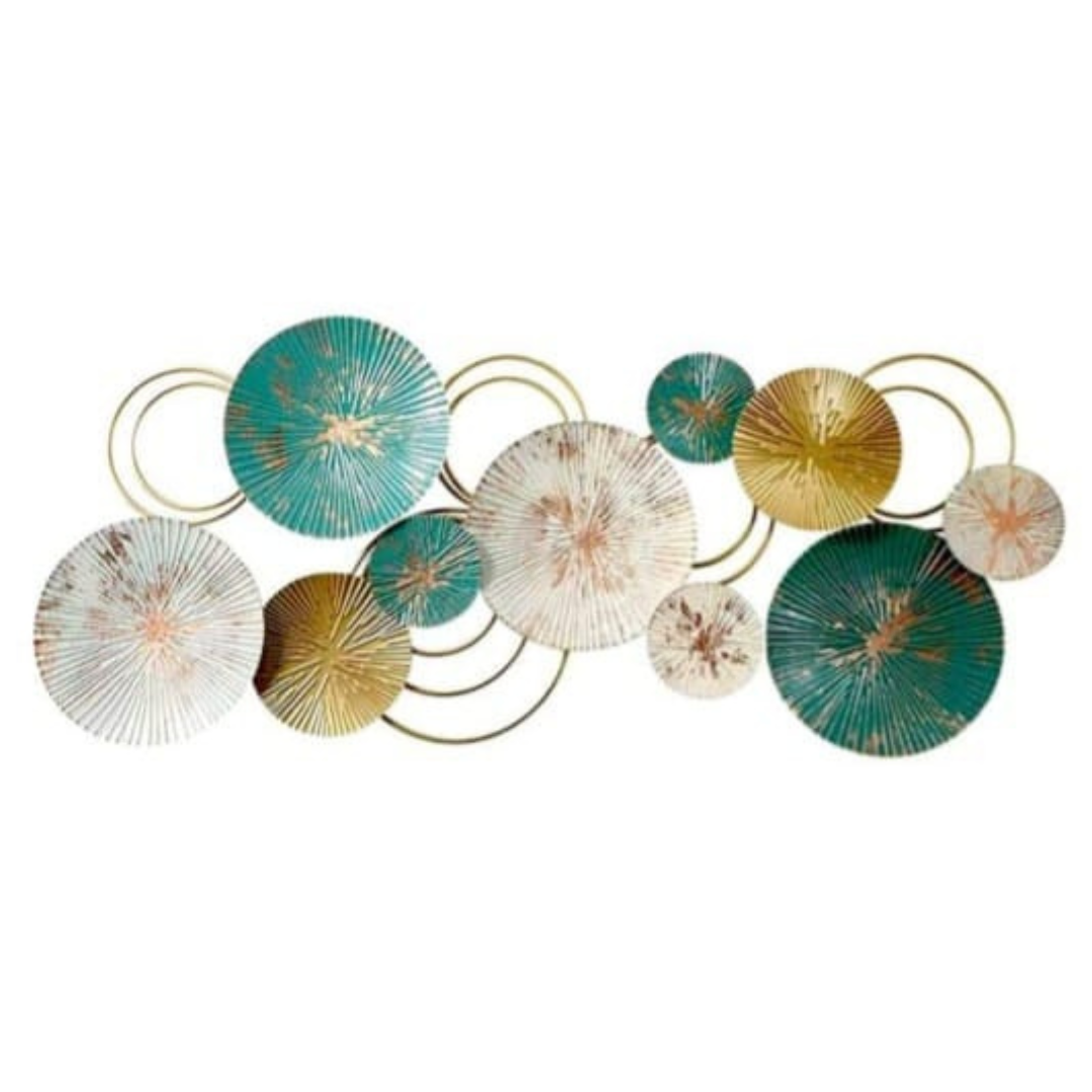 Metallic color plates wall art by TheGharnish, 48x20 inches, featuring shiny, reflective metal plates arranged decoratively on a wall.