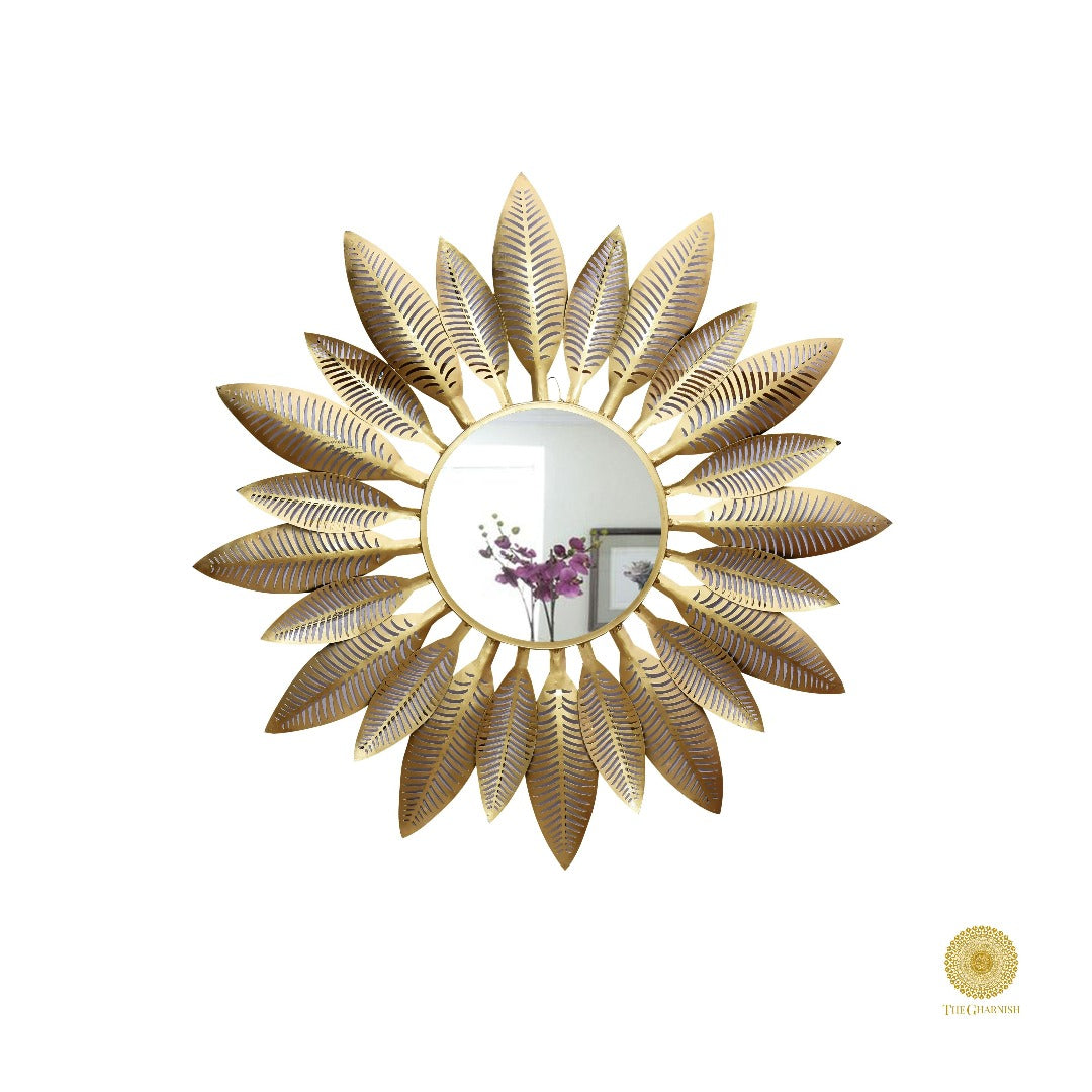 Metallic golden leaf wall mirror by TheGharnish, 30-inch diameter decorative mirror with a luxurious leaf design.