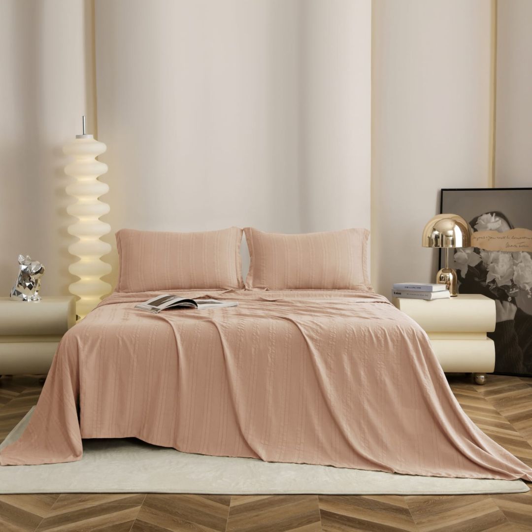 Soft English colors bedding set with three premium bedsheets by The Gharnish, showcasing smooth fabric and elegant design.
