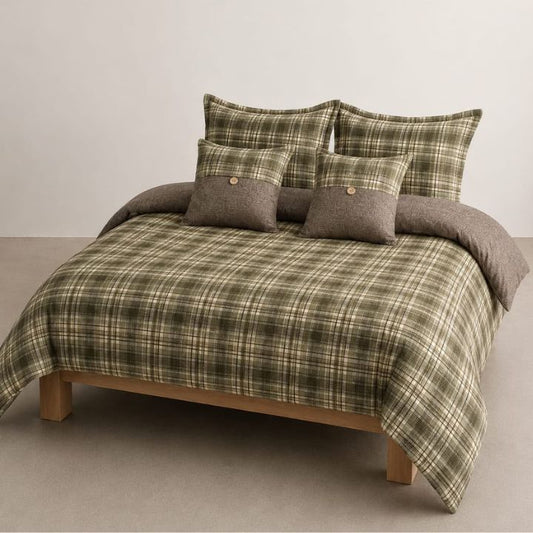 Gingham 6-piece premium comforter bedding set by The Gharnish with blue and white checkered pattern on a neatly made bed.