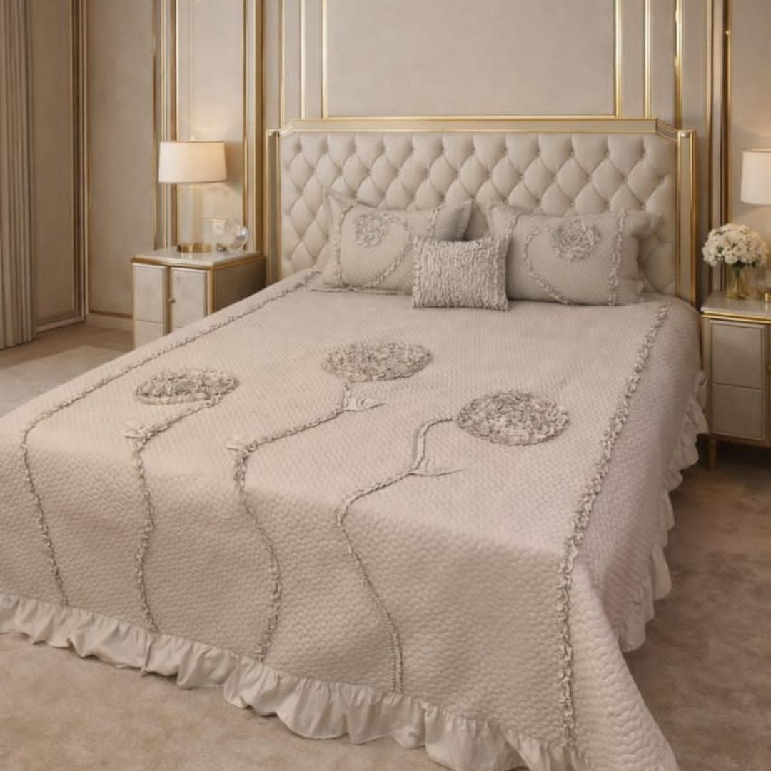 Ivory leaf handwork super designer king size quilted bedcover from The Gharnish, elegant bedding with intricate leaf embroidery.