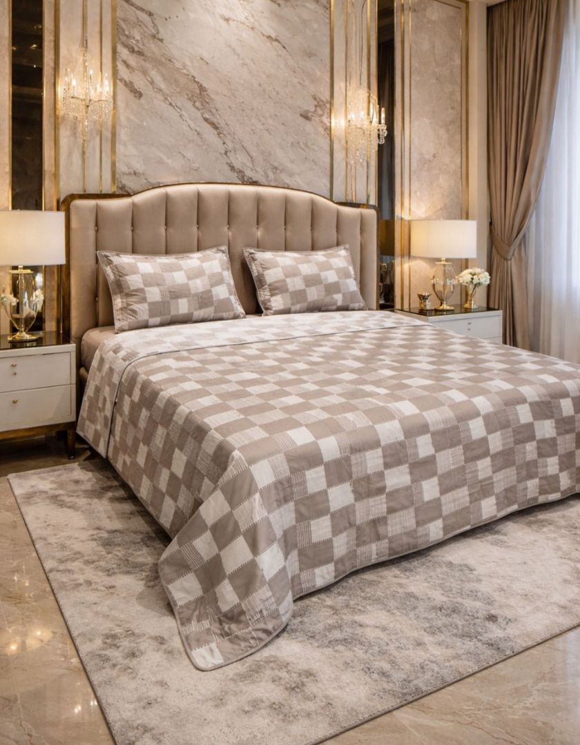 Lightweight reversible jacquard quilted king size bedcover from The Gharnish, showcasing elegant patterns and soft fabric.