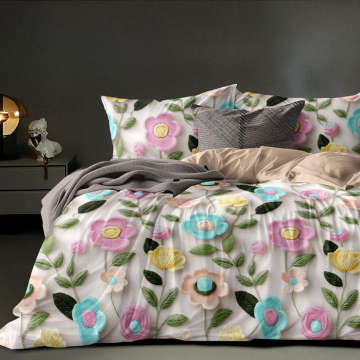 Super King size floral bedding set by The Gharnish featuring 7D digital prints on a colorful bedsheet and pillowcases.