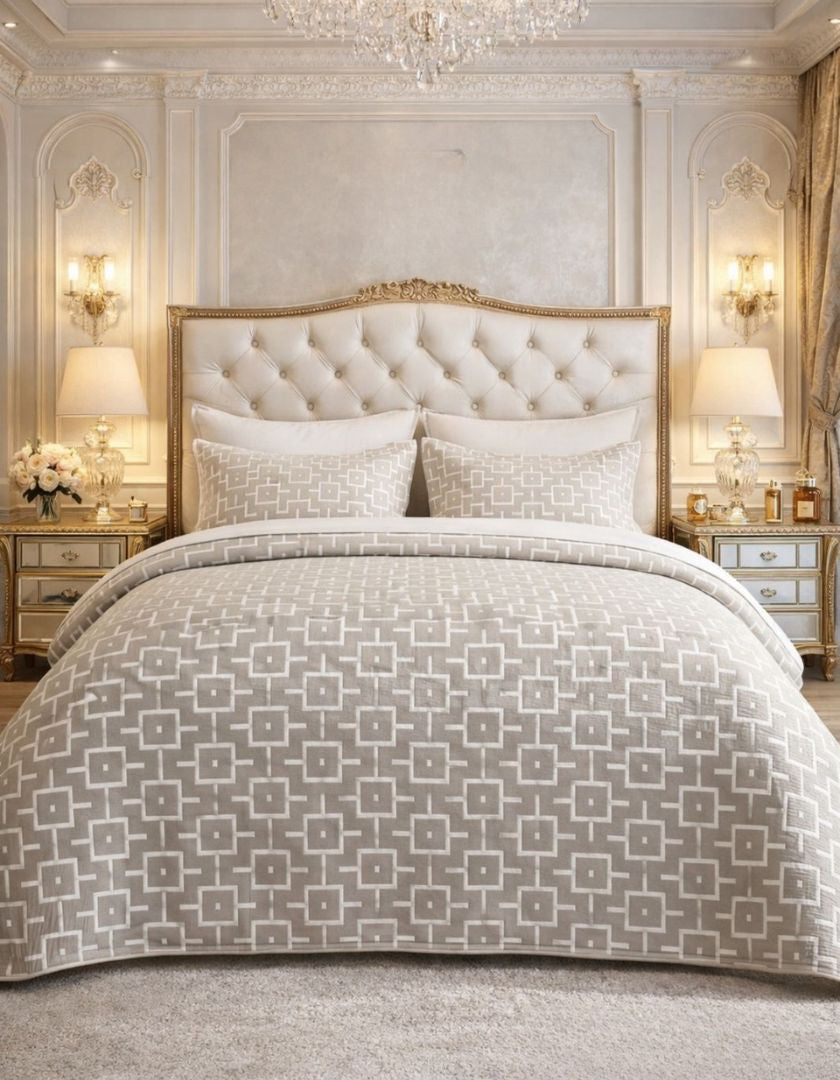 Reversible king size lightweight jacquard quilted bedcover by The Gharnish, showcasing intricate patterns and quilted texture.