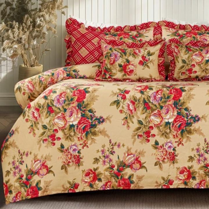 Serenity Bloom quilted bedcover set by The Gharnish, five-piece bedding set featuring floral patterns and soft fabric.