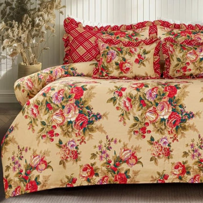 Serenity Bloom quilted bedcover set by The Gharnish, five-piece bedding set featuring floral patterns and soft fabric.