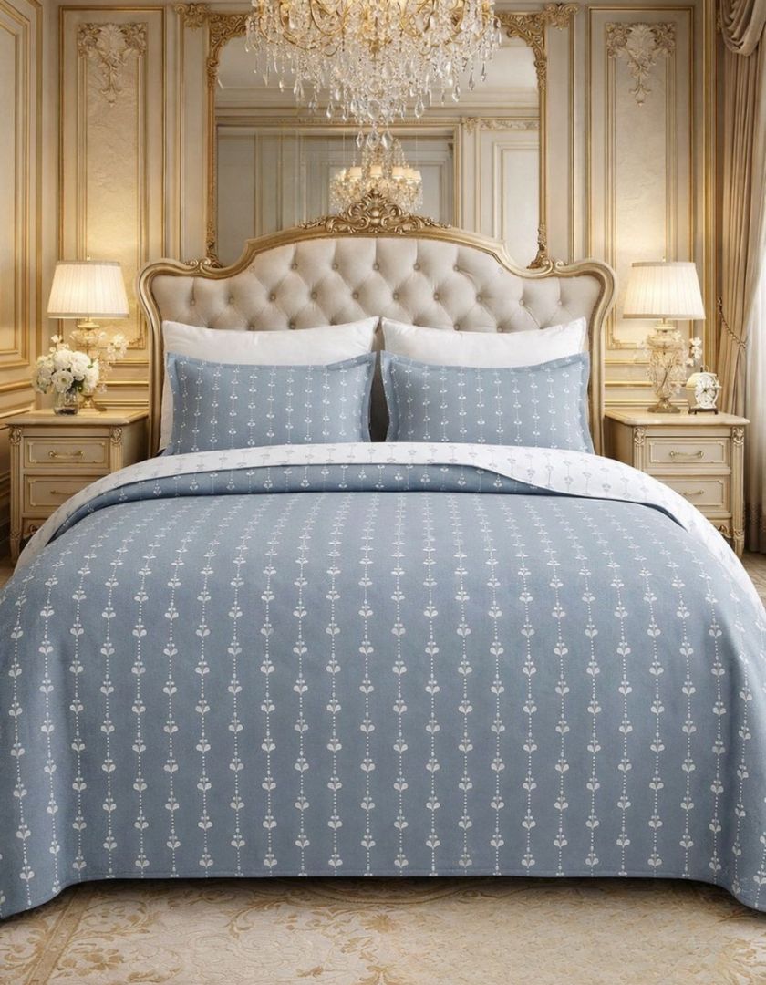 Reversible king size lightweight jacquard quilted bedcover by The Gharnish with intricate woven patterns on both sides