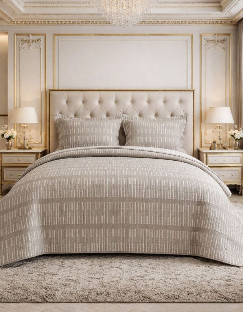Reversible king-size lightweight jacquard quilted bedcover by The Gharnish, featuring intricate patterns and plush quilting.