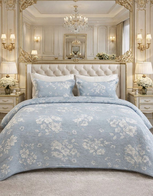Reversible king size lightweight jacquard quilted bedcover by The Gharnish with intricate patterns in neutral tones.