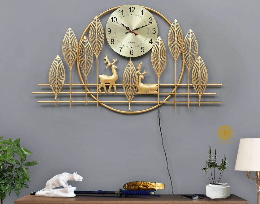 Metallic Dear and Leaf Wall Clock (48x25 Inches)