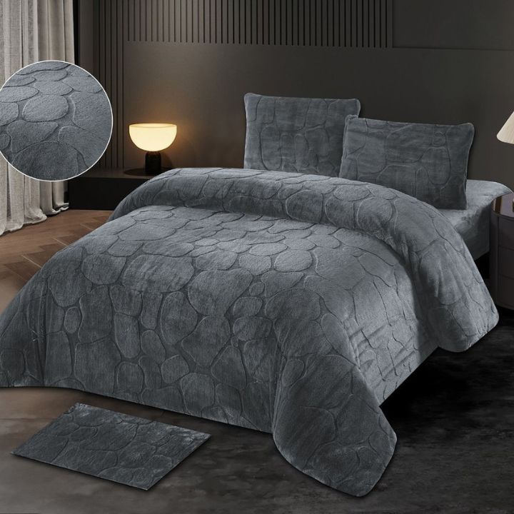 Embossed Stone Pattern 5 Pcs Rabbit Fur Duvet Cover Set - The Gharnish - A Unit of Satkala Creations