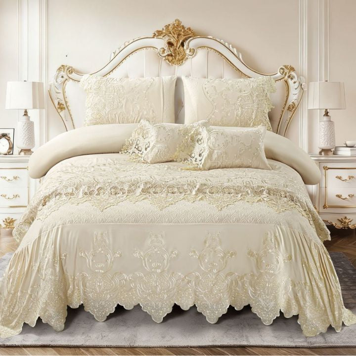 Luxury embroidered bedcover set with lace border, premium quilted bedding for king size bed, by The Gharnish.