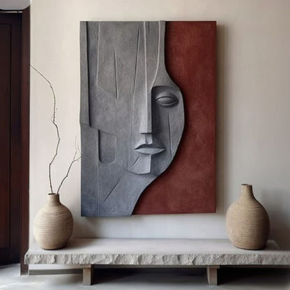 Wooden wall art featuring a 3D abstract face design from Silent Reflection by The Gharnish, showcasing detailed carved facial features.