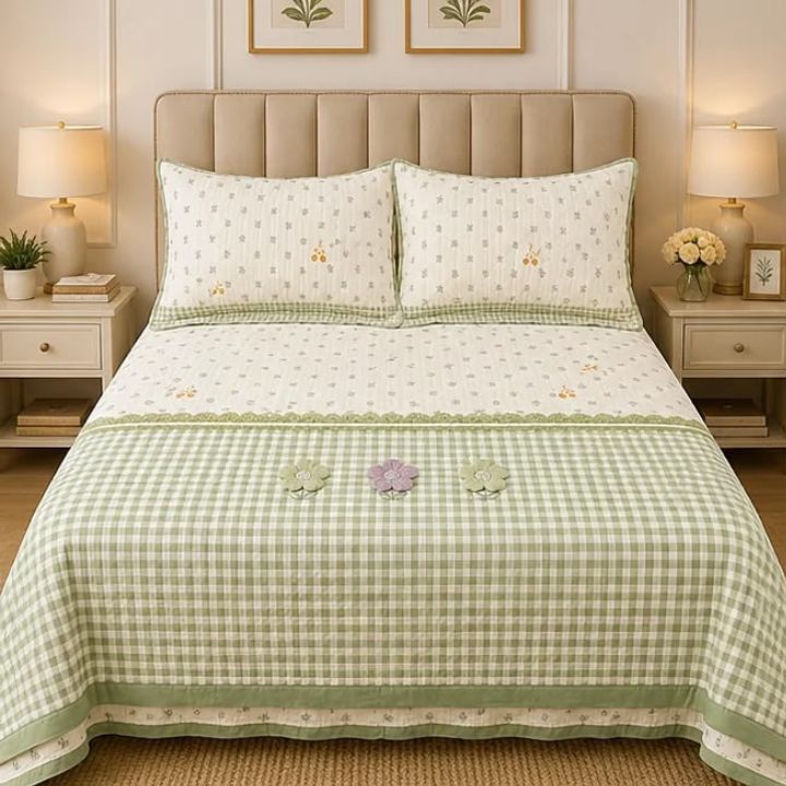 Gingham 3D floral king size quilted bedcover from The Gharnish with a floral and gingham pattern, showcasing its textured design.