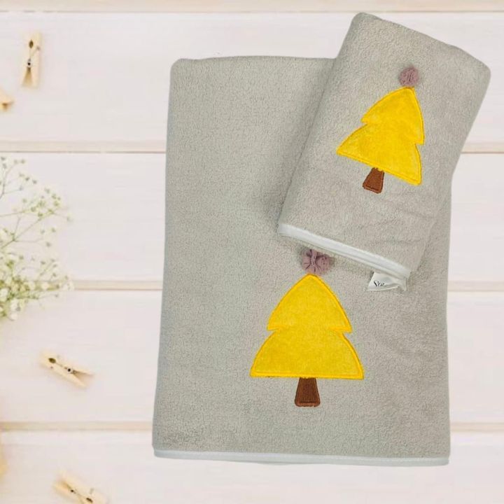 Sunny Pine Embroidered Towel Set – Soft Cotton Towels for Kids & Baby Bath Time - The Gharnish - A Unit of Satkala Creations